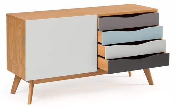 Credenza Avon stratti in legno ingegnerizzato e massiccio, dimensioni 128 x 42 x h71 cm, peso 38 Kg, finitura Strati - grigio, bianco, blu