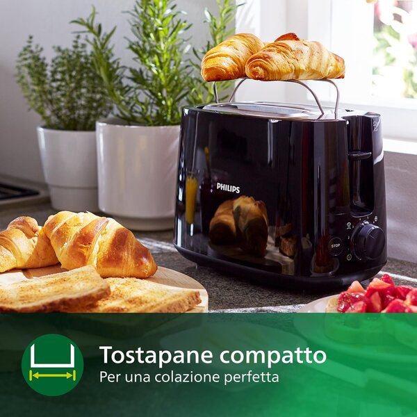Philips Tostapane 2 Fette Potenza 830 watt Funzione Scongelamento colore Nero - HD2581/90