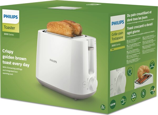 Philips Tostapane 2 Fette Potenza 830W con 8 Livelli di Doratura e Piedini Antiscivolo Daily Collection - HD2581/00