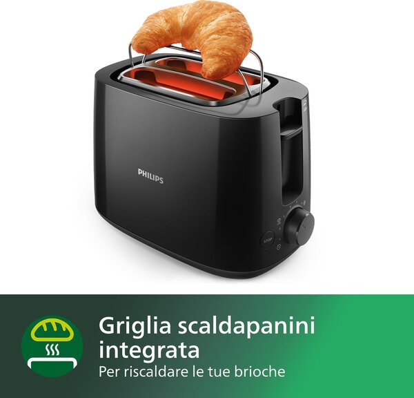 Philips Tostapane 2 Fette Potenza 830 watt Funzione Scongelamento colore Nero - HD2581/90