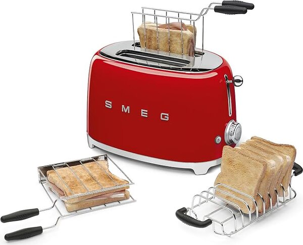 Smeg Tostapane 2 Fette Potenza 950 Watt 6 livelli di cottura Funzione scongelamento Fondo raccoglibriciole colore Rosso - TSF01RDEU Estetica Anni '50