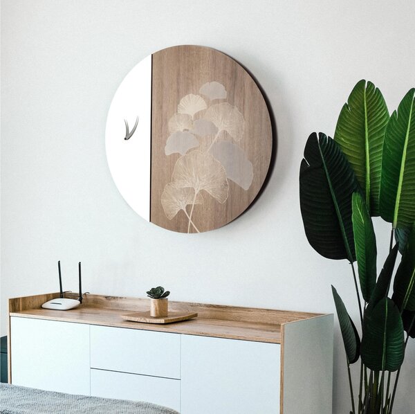 Orologio da tavolo in Metacrilato tagliato al laser Narita diametro 60 cm rappresenta i fiori di Gingko e le loro venature attraverso la marcatura laser rovere