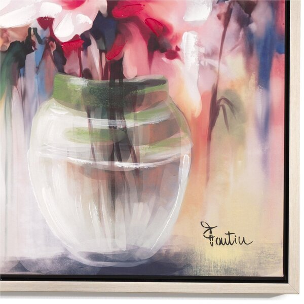 Pannello da parete, quadro con cornice Vaso Con Fiori 80x80x1,6 cm orizzontale pannello in legno colore marrone disegnato su tela a rilievo