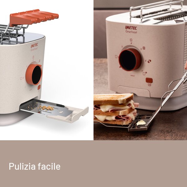 Imetec Tostapane 2 Fette XL con Pinze Apribili e 7 Livelli Doratura Potenza 600W colore Sabbia Grantoast - 7504