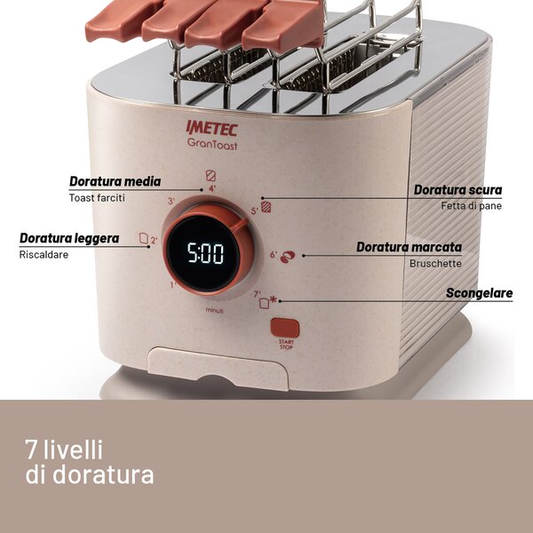Imetec Tostapane 2 Fette XL con Pinze Apribili e 7 Livelli Doratura Potenza 600W colore Sabbia Grantoast - 7504