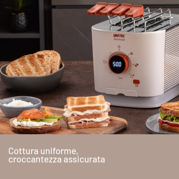 Imetec Tostapane 2 Fette XL con Pinze Apribili e 7 Livelli Doratura Potenza 600W colore Sabbia Grantoast - 7504