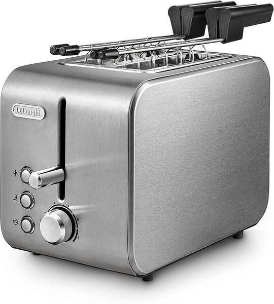 De Longhi Tostapane con pinze 2 Fette Potenza 550 Watt 6 Livelli di Cottura Funzione scongelamento e Cassetto fondo Raccoglibriciole colore Acciaio