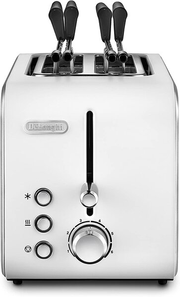 De Longhi Tostapane con pinze 2 Fette Potenza 550 Watt 6 Livelli di Cottura Funzione scongelamento e Cassetto fondo Raccoglibriciole colore Bianco 