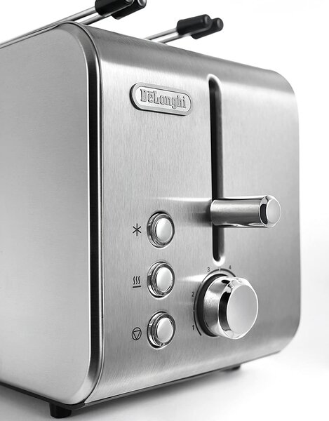 De Longhi Tostapane con pinze 2 Fette Potenza 550 Watt 6 Livelli di Cottura Funzione scongelamento e Cassetto fondo Raccoglibriciole colore Acciaio