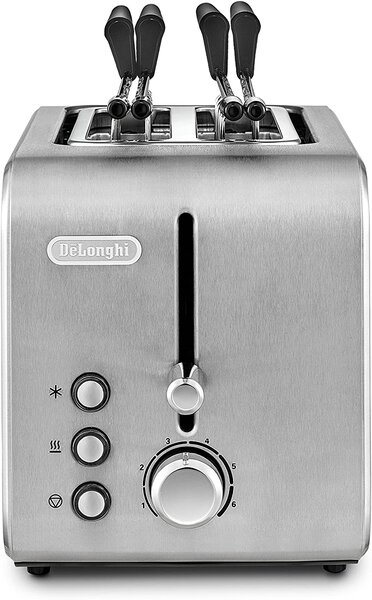 De Longhi Tostapane con pinze 2 Fette Potenza 550 Watt 6 Livelli di Cottura Funzione scongelamento e Cassetto fondo Raccoglibriciole colore Acciaio