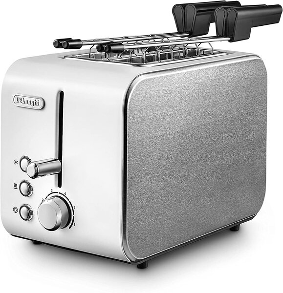 De Longhi Tostapane con pinze 2 Fette Potenza 550 Watt 6 Livelli di Cottura Funzione scongelamento e Cassetto fondo Raccoglibriciole colore Bianco 