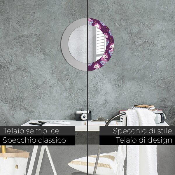 Specchio rotondo cornice con stampa Stelle unicorno fi 50 cm