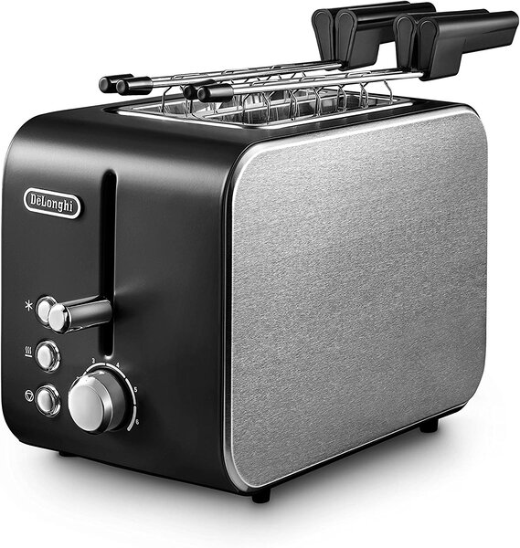 De Longhi Tostapane con pinze 2 Fette Potenza 550 Watt 6 Livelli di Cottura Funzione scongelamento e Cassetto fondo Raccoglibriciole colore Nero - 