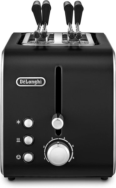De Longhi Tostapane con pinze 2 Fette Potenza 550 Watt 6 Livelli di Cottura Funzione scongelamento e Cassetto fondo Raccoglibriciole colore Nero - 