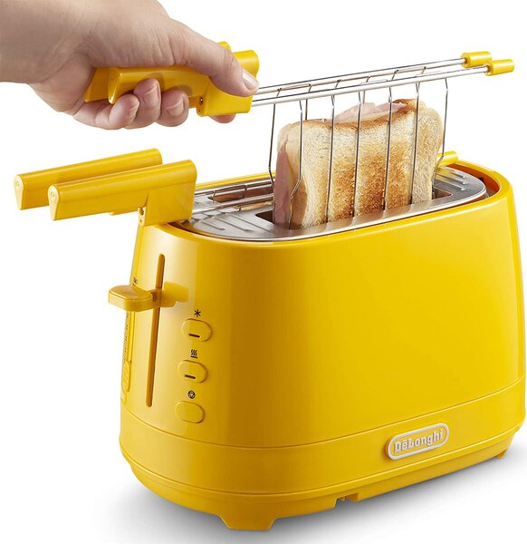 De Longhi Tostapane con pinze 2 Fette Potenza 550 Watt Tostatura regolabile Termostato Cassetto fondo Raccoglibriciole colore Giallo - CTLAP2203.Y