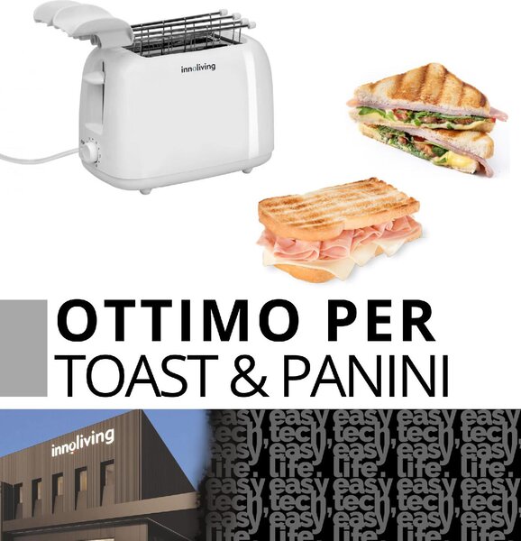 INNOLIVING Tostapane con pinze 2 Fette Potenza 750 Watt 6 Livelli di doratura colore Bianco - INN-742