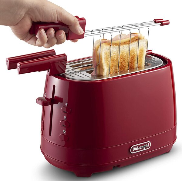 De Longhi Tostapane con pinze 2 Fette Potenza 550 Watt Tostatura regolabile Termostato Cassetto fondo Raccoglibriciole colore Rosso - CTLAP2203R