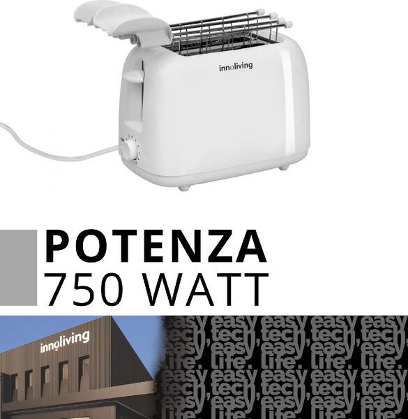 INNOLIVING Tostapane con pinze 2 Fette Potenza 750 Watt 6 Livelli di doratura colore Bianco - INN-742