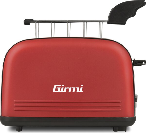 Girmi Tostapane con pinze 2 Fette Potenza 850 Watt 8 Livelli di cottura Funzione scongelamento e Cassetto fondo Raccoglibriciole colore Rosso Inox 