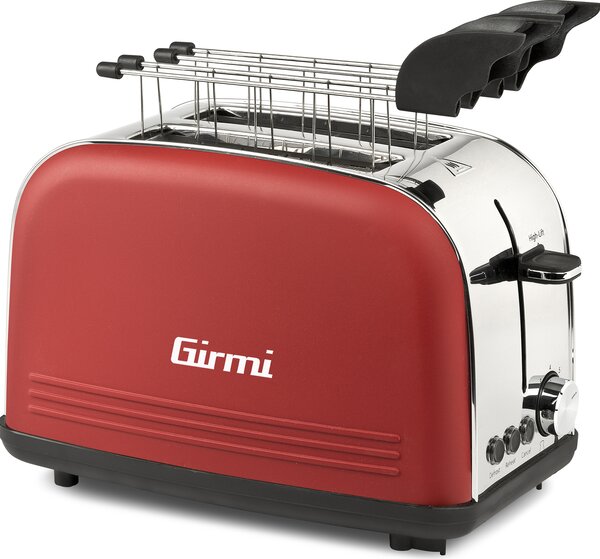 Girmi Tostapane con pinze 2 Fette Potenza 850 Watt 8 Livelli di cottura Funzione scongelamento e Cassetto fondo Raccoglibriciole colore Rosso Inox 
