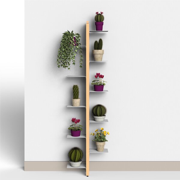 Porta piante Fissaggio a Parete Bifacciale ZIA FLORA 42x17xh 155 cm con struttura I in legno massello di faggio evaporato colore naturale Mensole in acciaio smaltato