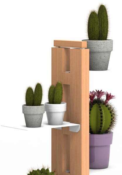 Porta piante a colonna ZIA FLORA 42x30xh 65 cm - dist. in altezza min 33-max 44 cm struttura legno massello di faggio evaporato colore Naturale Mensole in acciaio smaltato