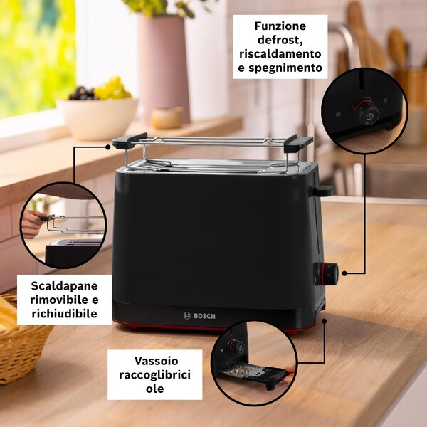 Bosch Tostapane elettrico 2 Fette Potenza 950 Watt Funzione scongelamento Griglia scaldapane - TAT3M123