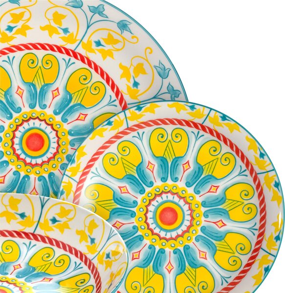 Servizio piatti 18 pezzi 6 posti tavola in porcellana con decoro Sottosmalto modello Montezuma lavabile in lavastoviglie