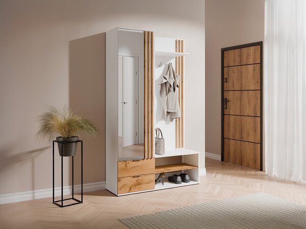 Guardaroba con specchio e scomparti Bianco e Naturale - JANAKIA