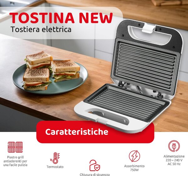 Melchioni Tostapane Piastra per Toast Antiaderente Potenza 750 Watt colore Nero - Tostina New