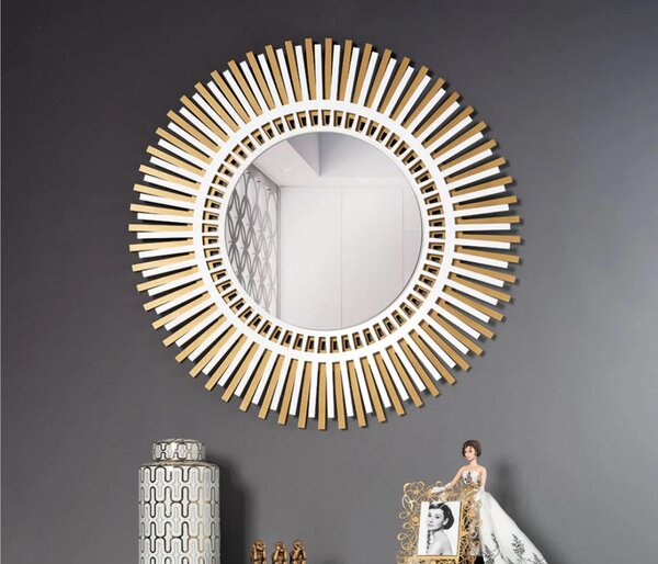 Specchio da parete moderno a raggiera NARCISO circolare, Diametro 90 cm, Lo specchio � composto da tre componenti. La base ha una forma a raggiera e contiene l'attacco alla parete