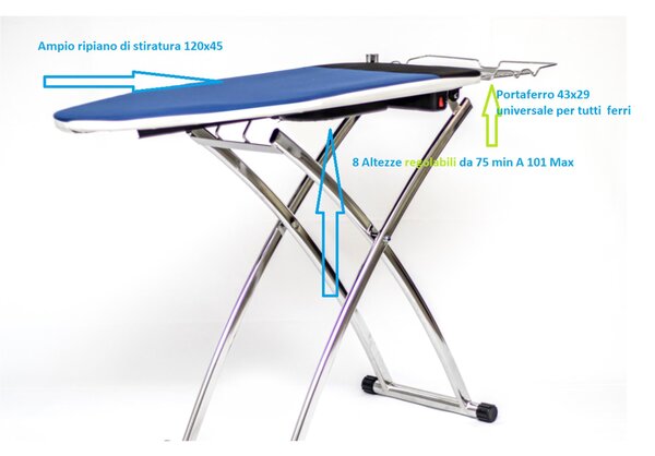 Asse da stiro aspirante soffiante EVO 120x45xh75-101 max cm piano in rete di acciaio dotato di un motore e di una pedaliera copertina colore blu telaio nero