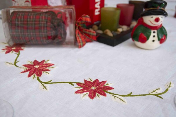 Blanco Raya Tovaglia Natalizia Tonda 12 Posti 220 cm Ricamata a mano 100% lino colore Avorio - 8382
