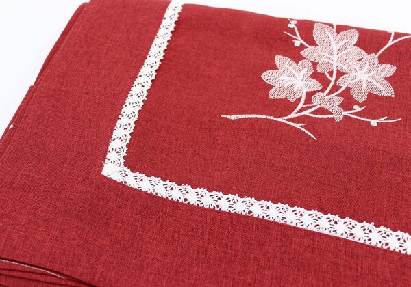 Blanco Raya Tovaglia Rettangolare 12 Posti ricamata disegno foglie e rifinito con merletto artigianale colore Bordeaux - RXH5486-1