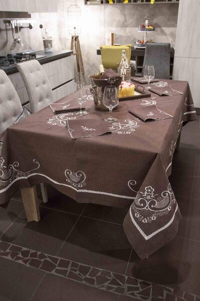 Blanco Raya Tovaglia Rettangolare 12 Posti con merletto artigianale e fantasia floreale colore Marrone - RXH0061