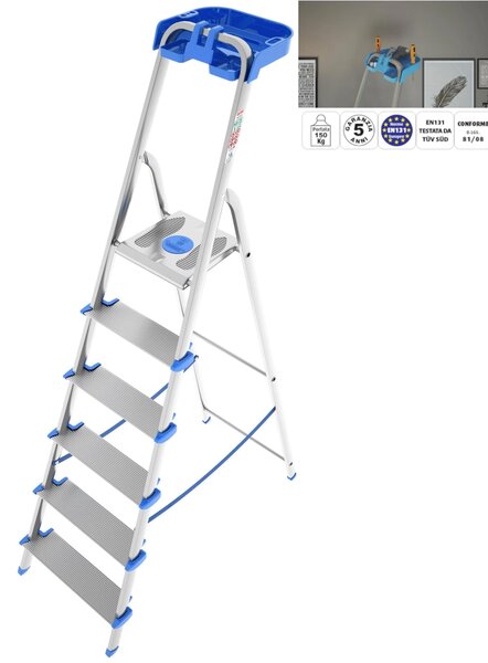 Scala in alluminio 6 gradini XL- da 12 cm Atlantica con porta oggetti 12x51xh201 -Peso 6,7 kg