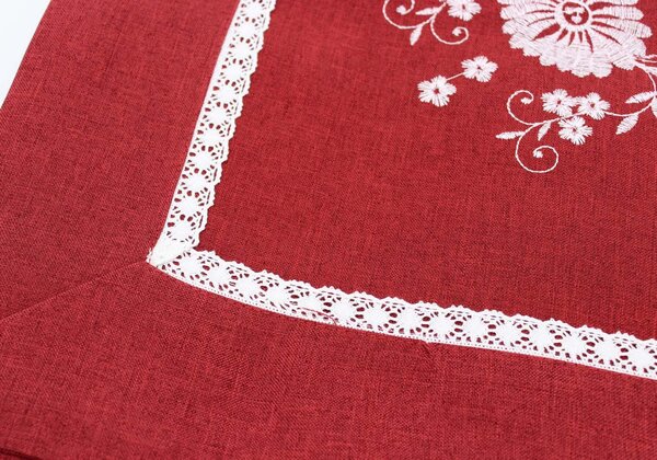 Blanco Raya Tovaglia Rettangolare 12 Posti ricamata fantasia floreale e rifinito con merletto artigianale colore Bordeaux - RXH5488