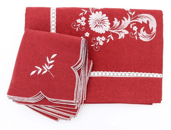 Blanco Raya Tovaglia Rettangolare 12 Posti ricamata fantasia floreale e rifinito con merletto artigianale colore Bordeaux - RXH5488