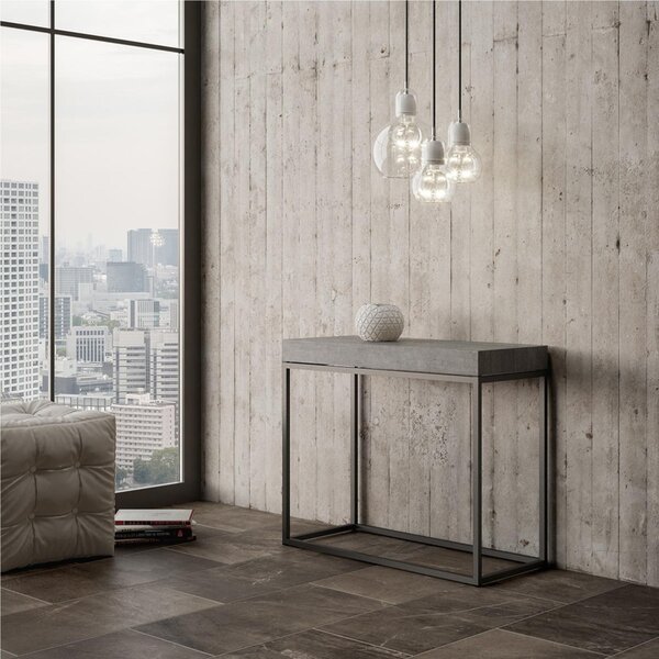 Tavolo Consolle Allungabile Small Bianco NORDICA 90x40xh77 cm Fino a 196 cm con tre elementi da 52 cm, tutto in legno di Frassino Piano Cemento Telaio antracite
