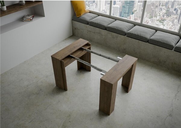 Tavolo Consolle Allungabile Small Basic fino a 204 cm con tre elementi da 52 cm, tutto in legno di Frassino 90x48xh77 cm colore Noce