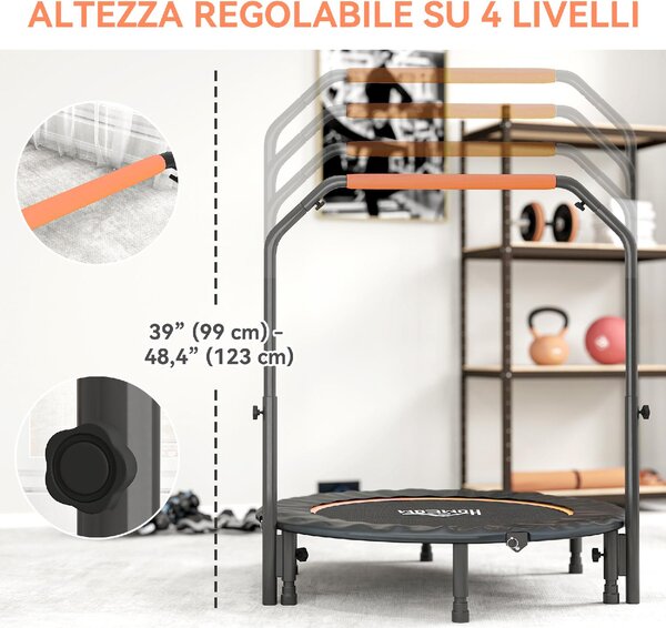 DecHome Trampolino Fitness 114 cm Pieghevole con Manubrio Regolabile in Altezza colore Arancione e Nero