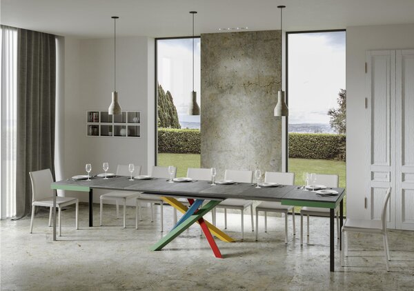 Tavolo Allungabile con 3 allunghe VOLANTIS MULTICOLOR 90x120xh77 cm estensibile fino a 224 cm Allunghe da 52 cm, gambe in Legno verniciato Multicolor piano colore CEMENTO