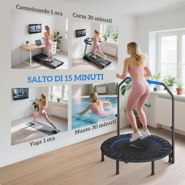 DecHome Trampolino Fitness 114 cm Pieghevole con Manubrio Regolabile in Altezza colore Blu e Nero