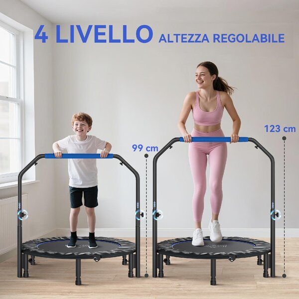 DecHome Trampolino Fitness 114 cm Pieghevole con Manubrio Regolabile in Altezza colore Blu e Nero