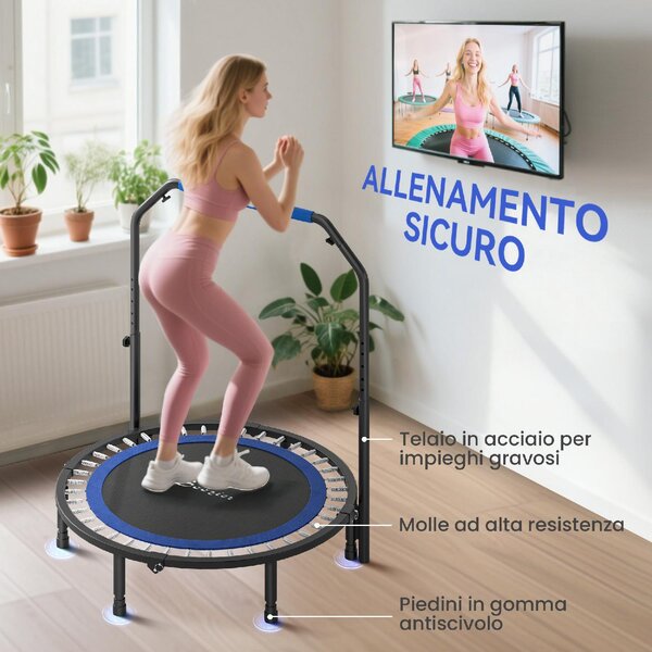 DecHome Trampolino Fitness 114 cm Pieghevole con Manubrio Regolabile in Altezza colore Blu e Nero