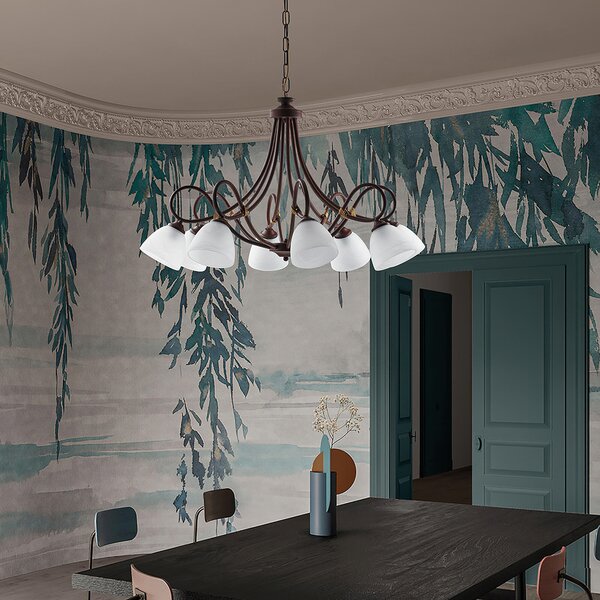 Lampadario Dallas in ferro laccato nero con decorazione ruggine e vetri alabastro bianchi 8 luci, altezza 55 Cm, Cavo allungabile fino a 115 Cm, larghezza 81 Cm