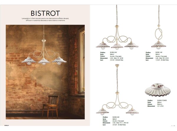 Lampadario in ferro laccato Avorio e decorazione effetto decap� A 3 luci MOD BISTROT Dimensioni 89x30xh 115 cm allungabile fino a 96 diffusori in vetro bianchi e MARRONE