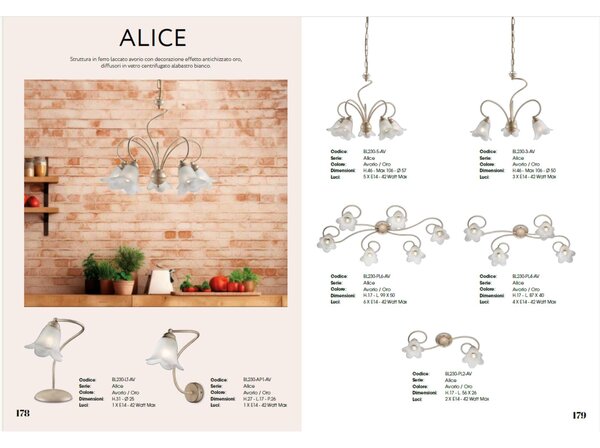 Lampadario Alice in ferro laccato avorio con decorazione oro chiaro e vetri alabastro bianchi 5 luci, altezza 46 Cm, Cavo allungabile fino a 106 Cm, larghezza 57 Cm