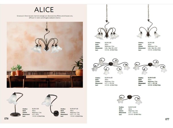 Plafoniera Alice in ferro laccato marrone con decorazione oro chiaro e vetri alabastro bianchi 6 luci, altezza 17 Cm, misure 99 X 50 Cm
