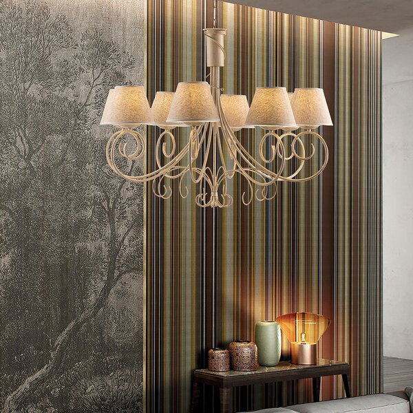 Lampadario Vienna in ferro laccato avorio con decorazione oro chiaro e paralumi in pvc effetto tessuto 8 luci, altezza 63 Cm, Cavo allungabile fino a 123 Cm, larghezza 78 Cm